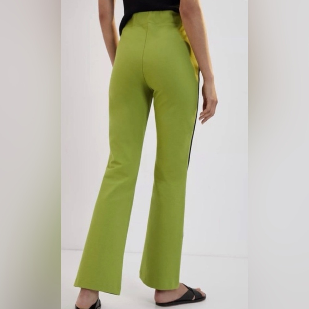 Anthropologie Maeve Ponte Flare Lime Green Flare Pants w/ Black Stripe - Picture 3 of 7